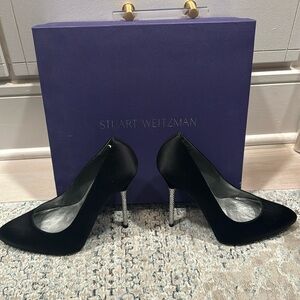 Stuart Weitzman black satin pump with embellished heel